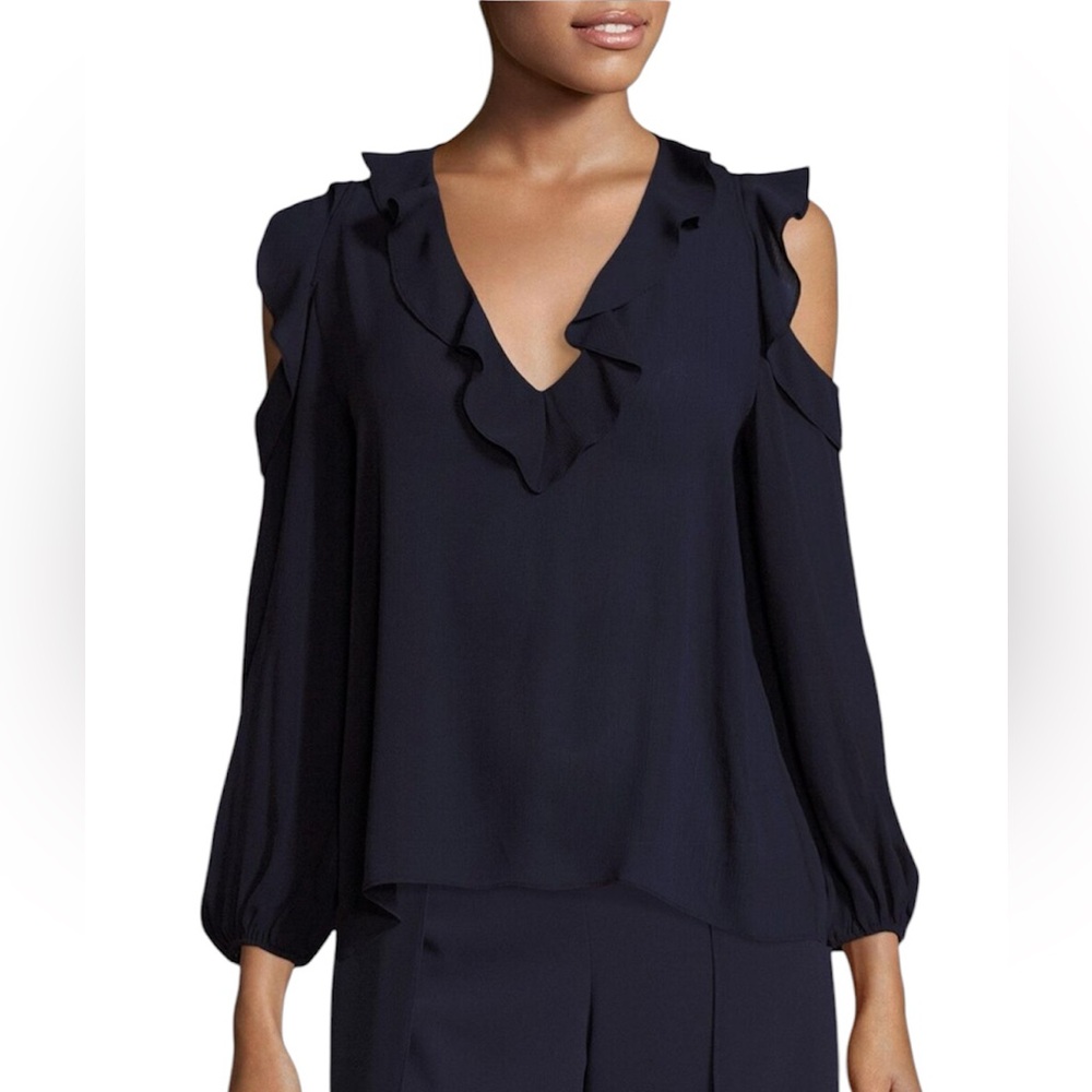 Alice + Olivia Navy Cold-Shoulder Ruffle V-Neck Blouse